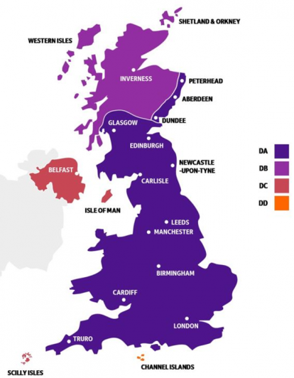 UK Map showing FedEx zones for Priority domestic parcel service